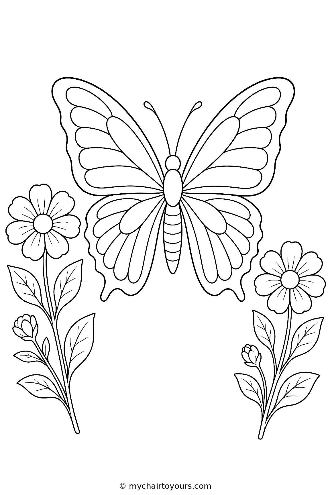 Medium free printable coloring page of a butterfly with two flowers and leaves