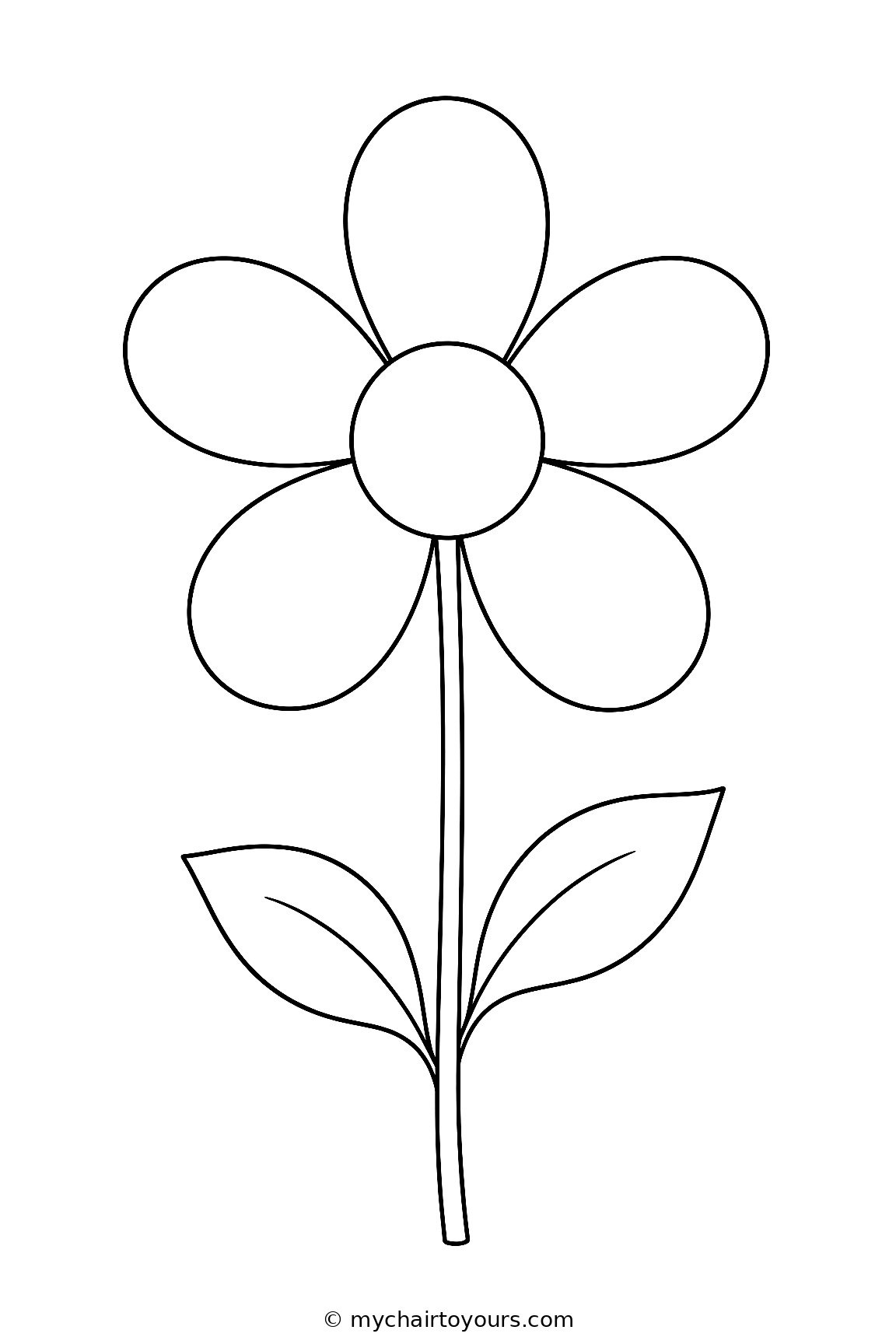 Easy free printable coloring page of a simple daisy with five petals, a stem, and two leaves