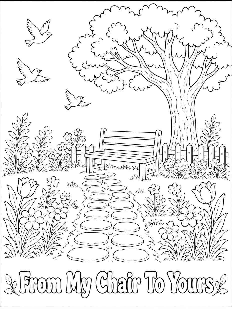 Free printable coloring page of a garden path, wooden bench, tree, birds, and flowers branded From My Chair To Yours