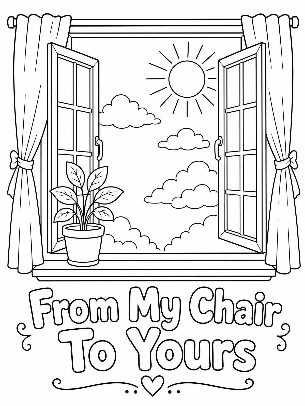 Free printable coloring page of an open window, curtains, clouds, sun, and a plant with From My Chair To Yours branding