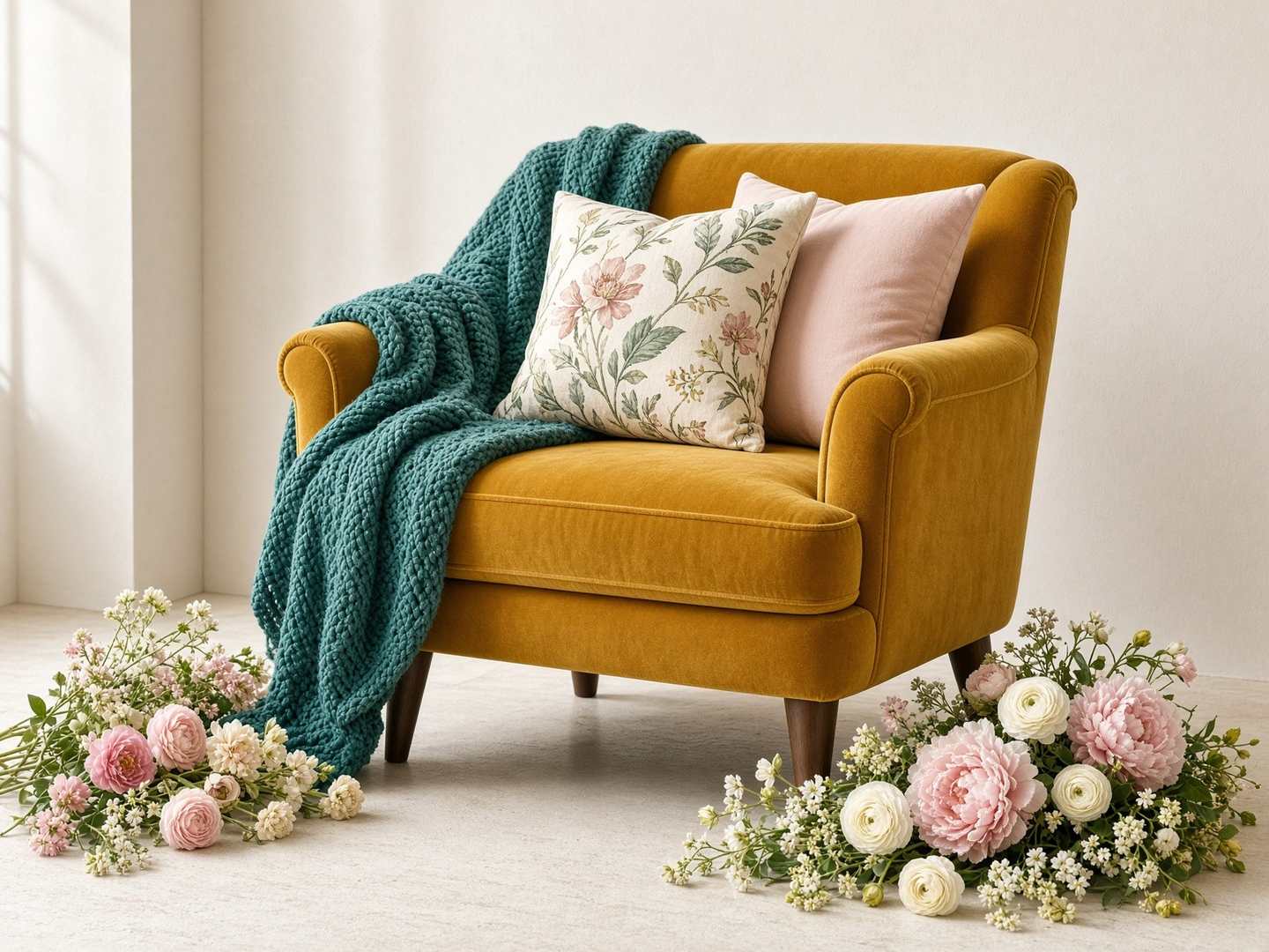 Yellow armchair with a teal knit blanket and flowers