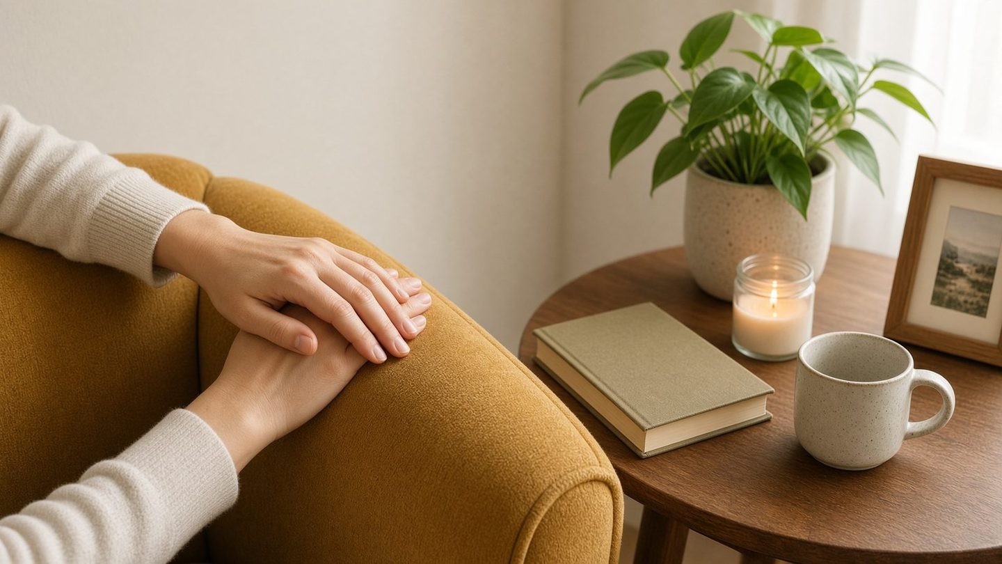 Hands resting on a mustard armchair beside a window, plant, book, candle, mug and frame on a side table for 5-4-3-2-1 grounding