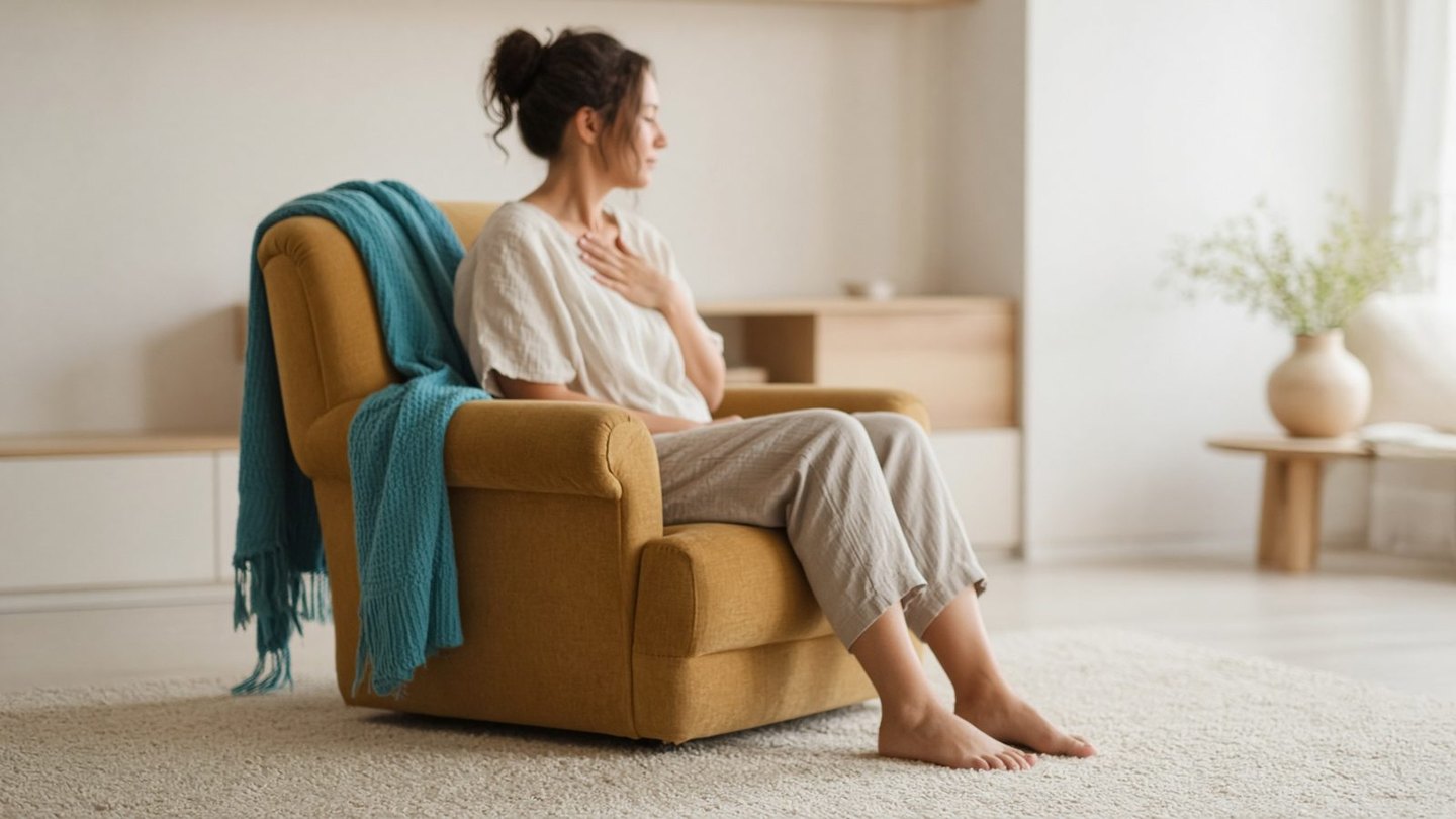 Woman sitting in a mustard armchair with both feet on the floor and one hand on her chest, teal throw nearby, first 90 seconds of worry