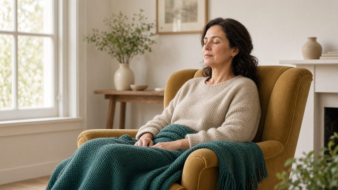 Person sitting in a mustard armchair with eyes softly closed practicing box breathing, teal throw, daylight cream room