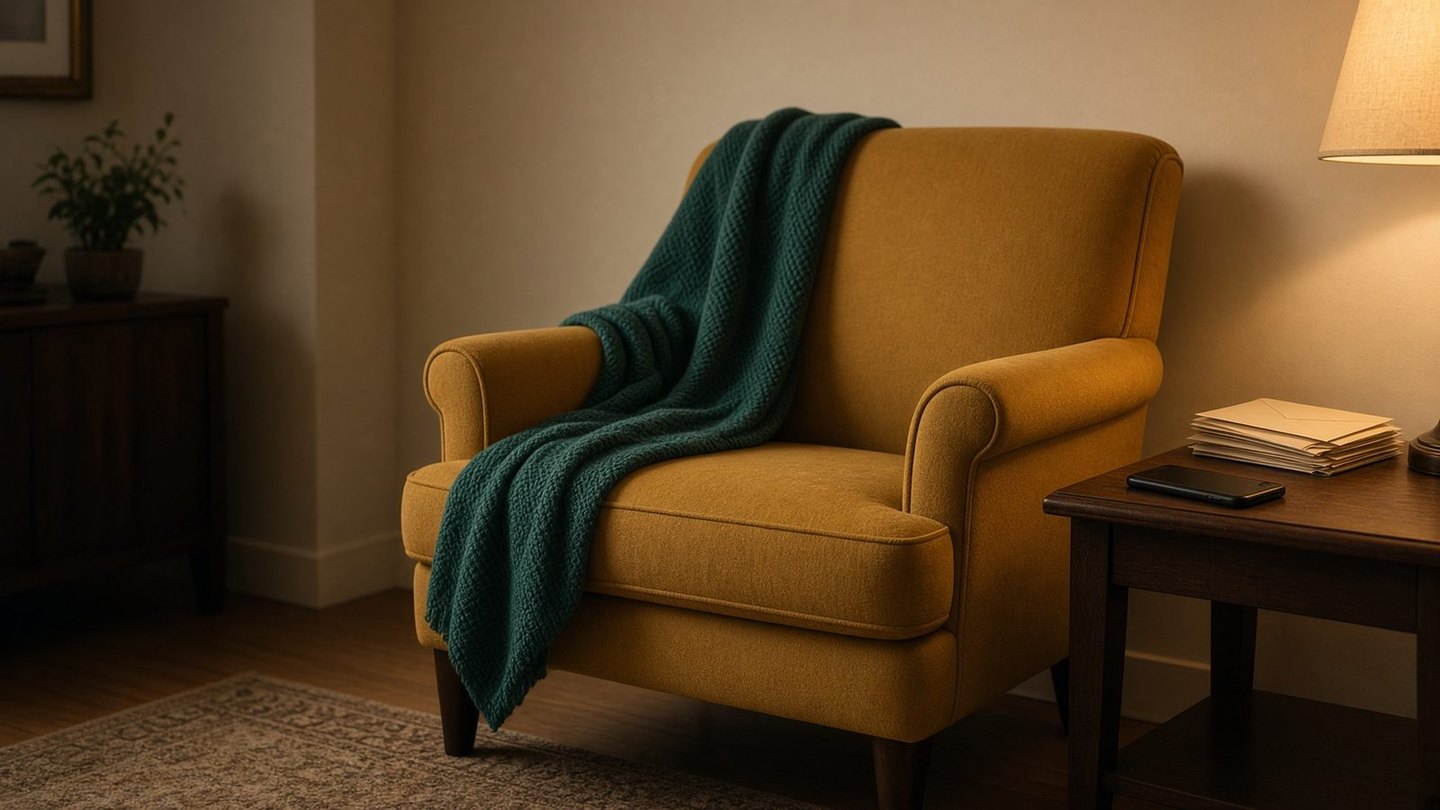 Empty mustard armchair with a teal throw, phone face down and unopened mail on a side table in soft lamp light