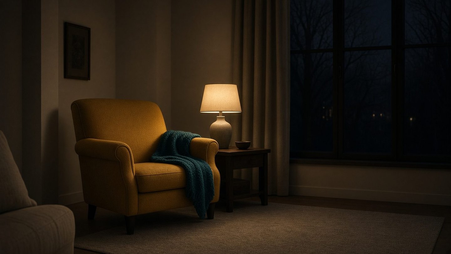 Mustard armchair and teal throw beside a warm lamp at night with a dark window in a quiet living room