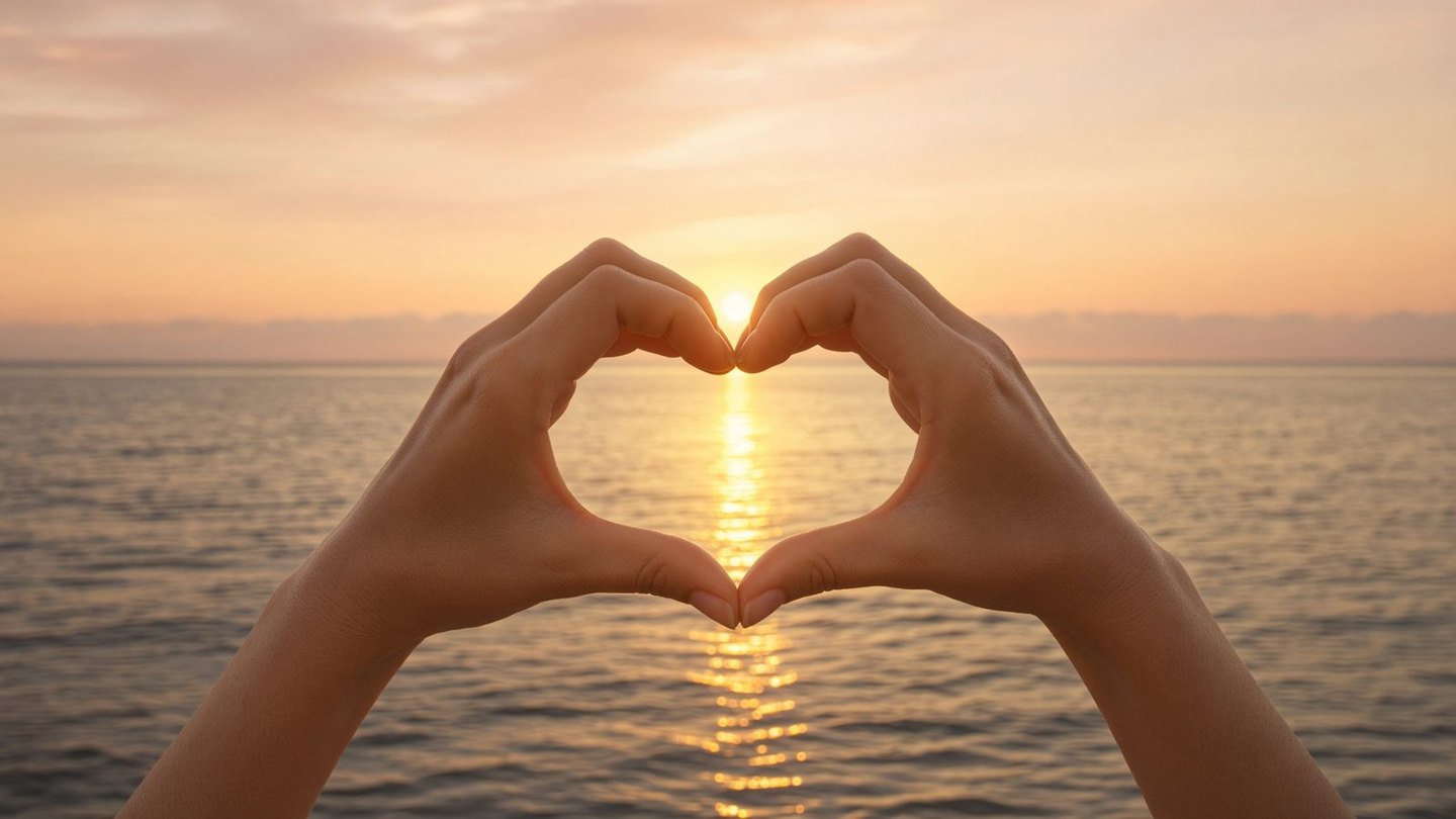 Two hands forming a heart around a warm sunset over calm water