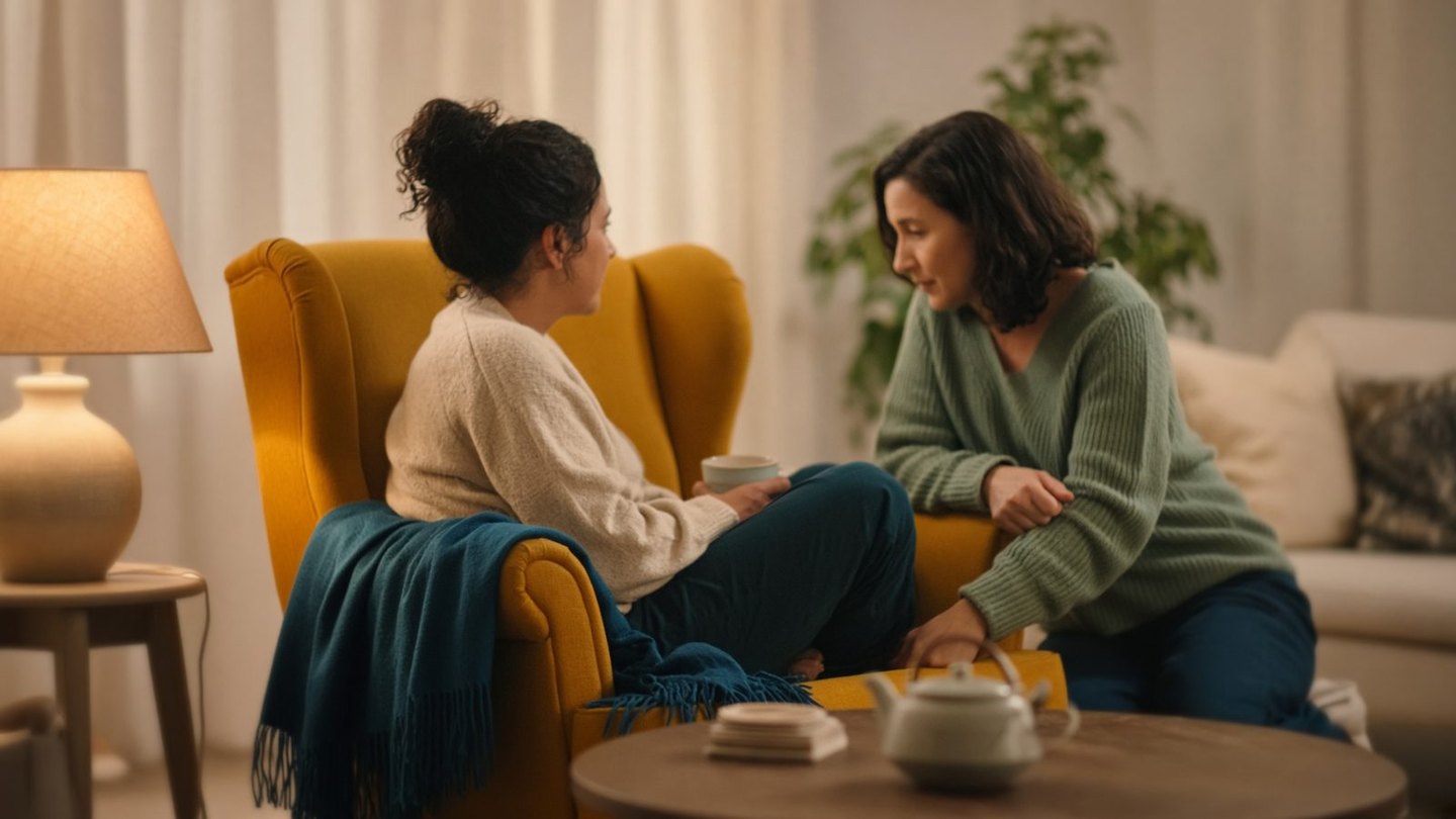 Two people sitting together in a cream living room, one in a mustard armchair with a teal throw, listening with care