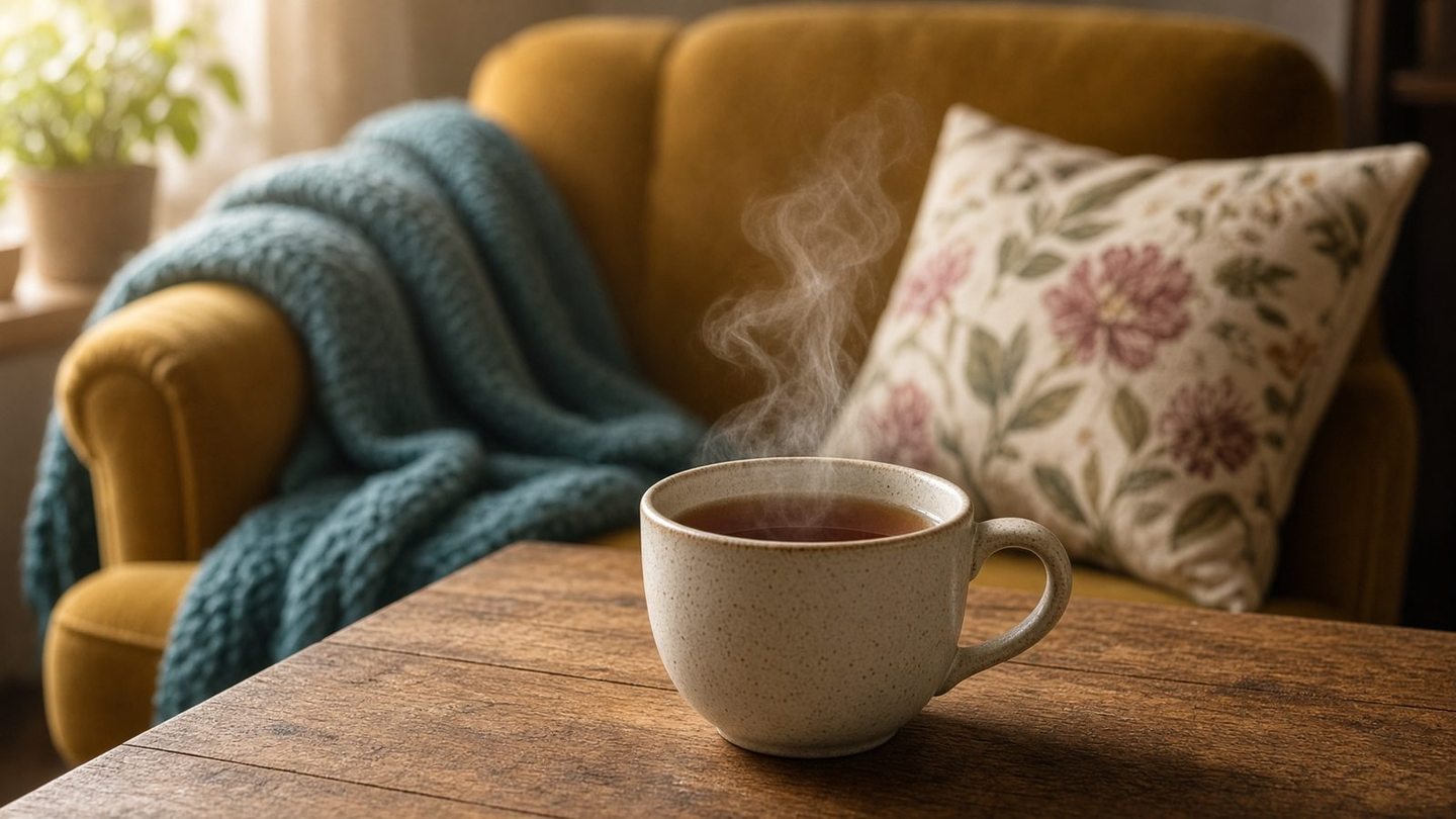 Steaming mug of tea on a wooden table beside a teal throw and floral pillow on a mustard armchair