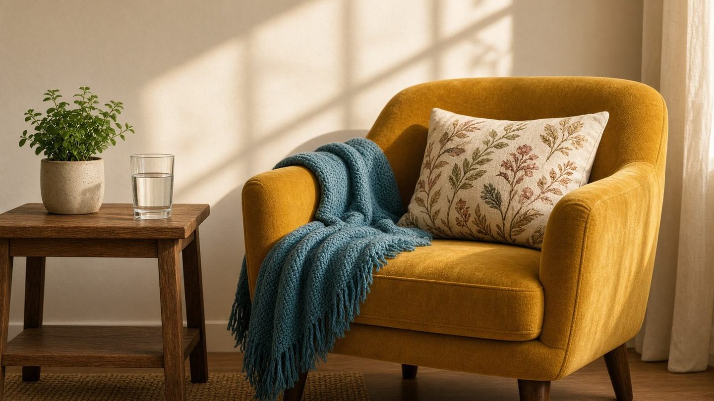 Mustard yellow armchair styled as a worry chair with a teal knit throw, floral pillow, and a glass of water on a side table