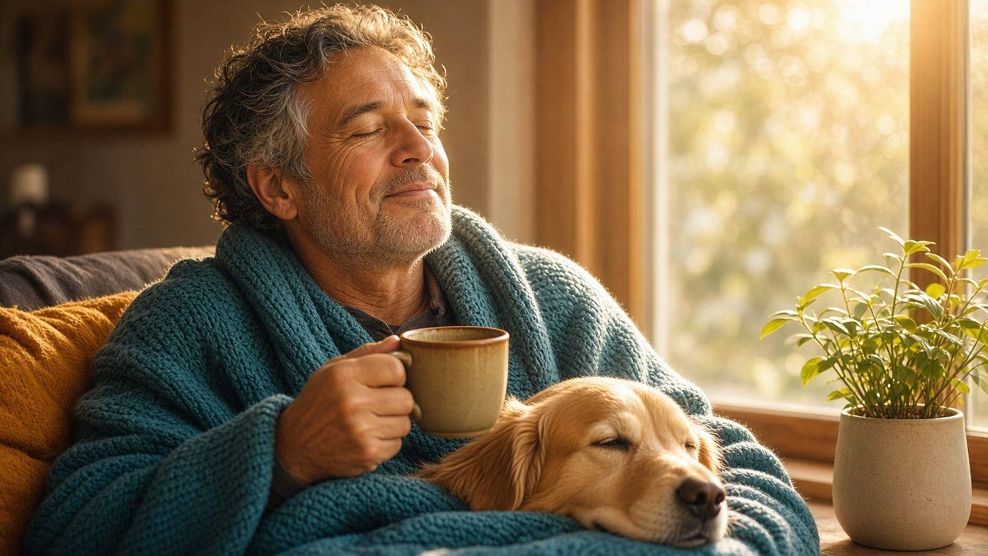 A man wrapped in a teal blanket holding a mug, eyes closed in the sun, with a golden dog resting beside him