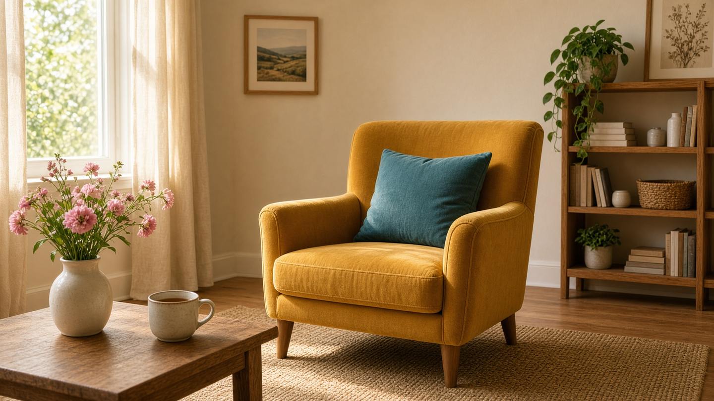 Sunlit mustard armchair with a teal cushion, a mug of tea, and pink flowers on a low table