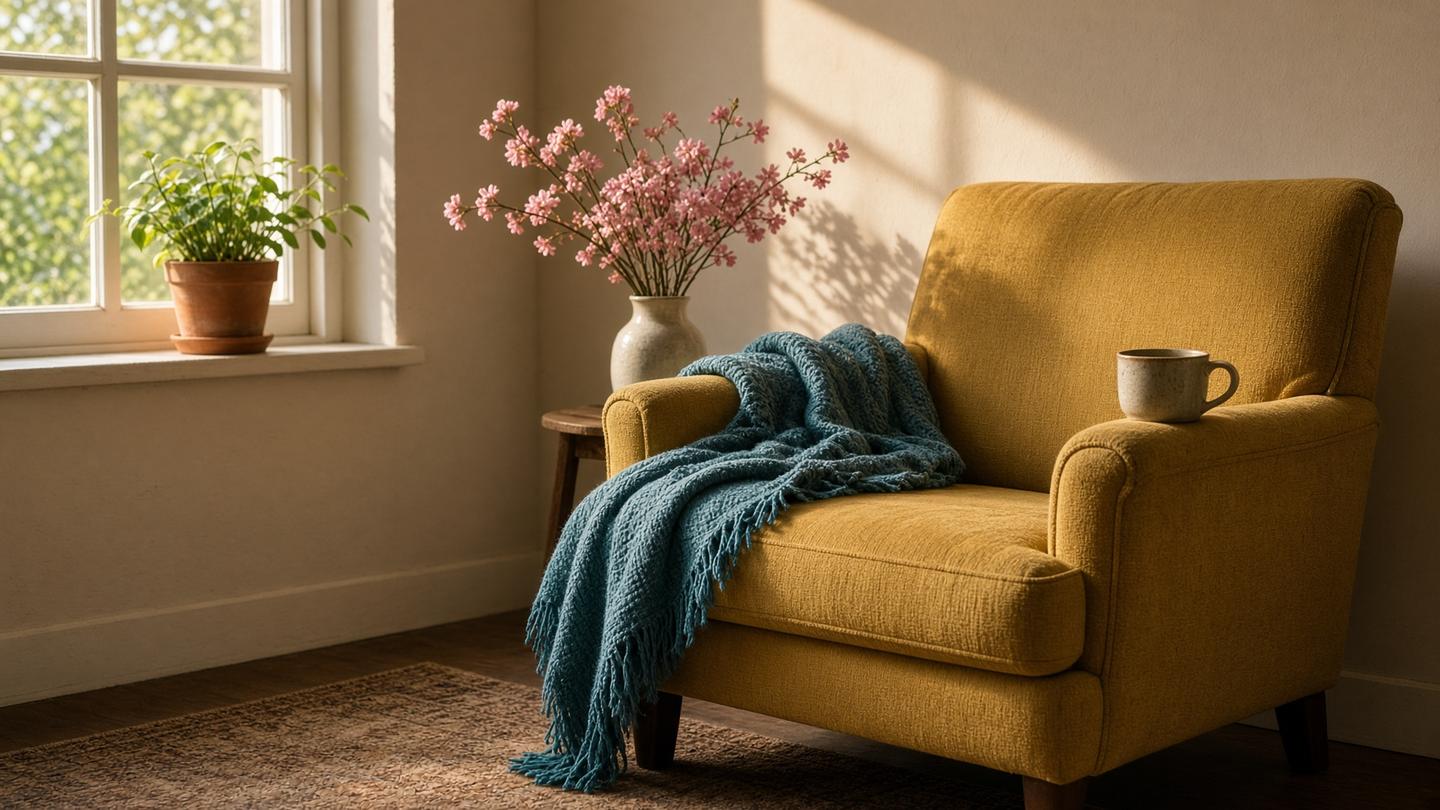 Lived-in mustard armchair in late light with a teal blanket and a ceramic mug