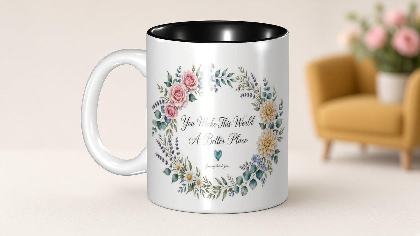 White ceramic coffee mug with a pink rose and eucalyptus wreath reading You Make This World A Better Place, from my chair to yours