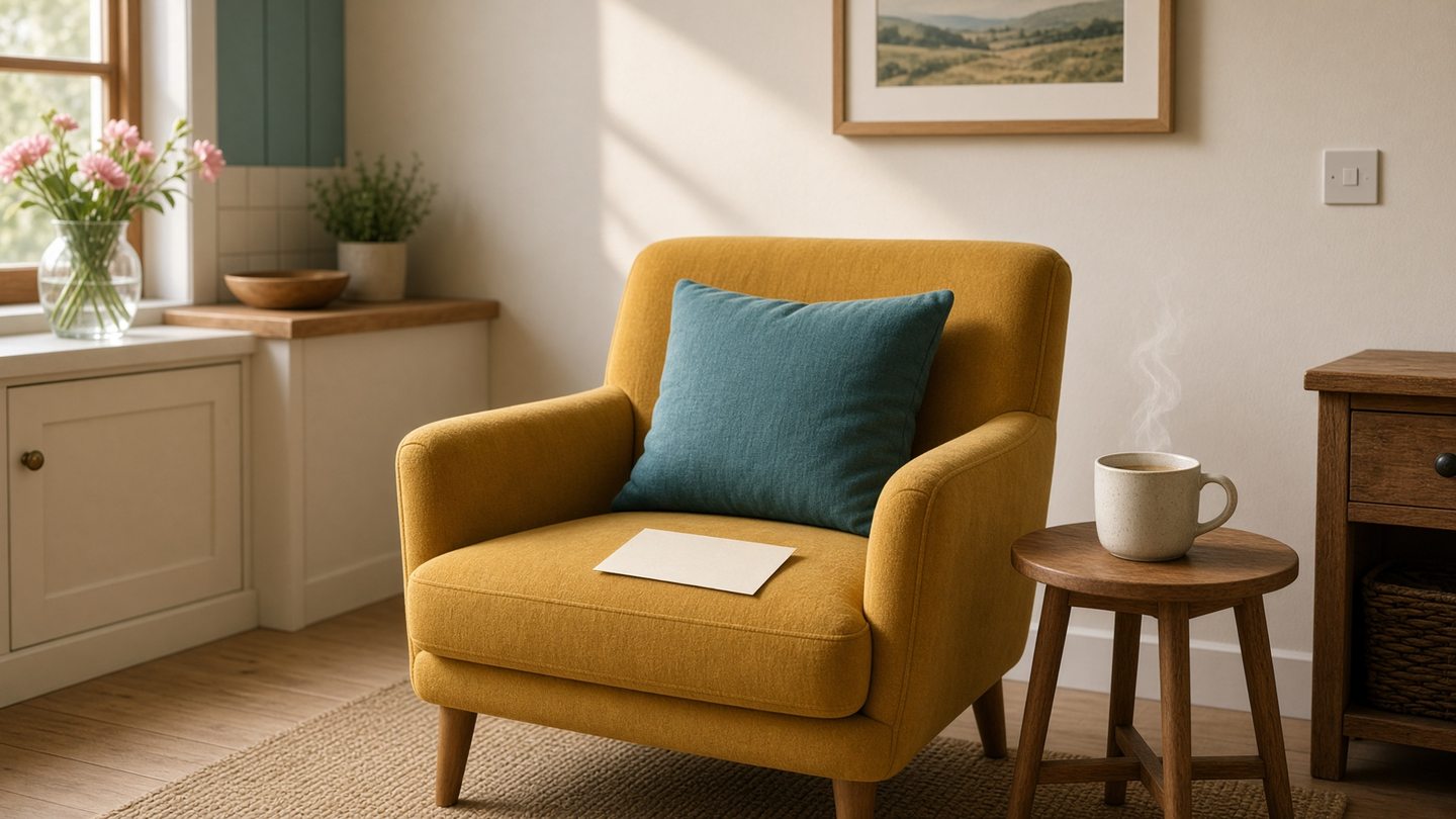 Mustard armchair at dawn with a face-down calm card and a steaming mug