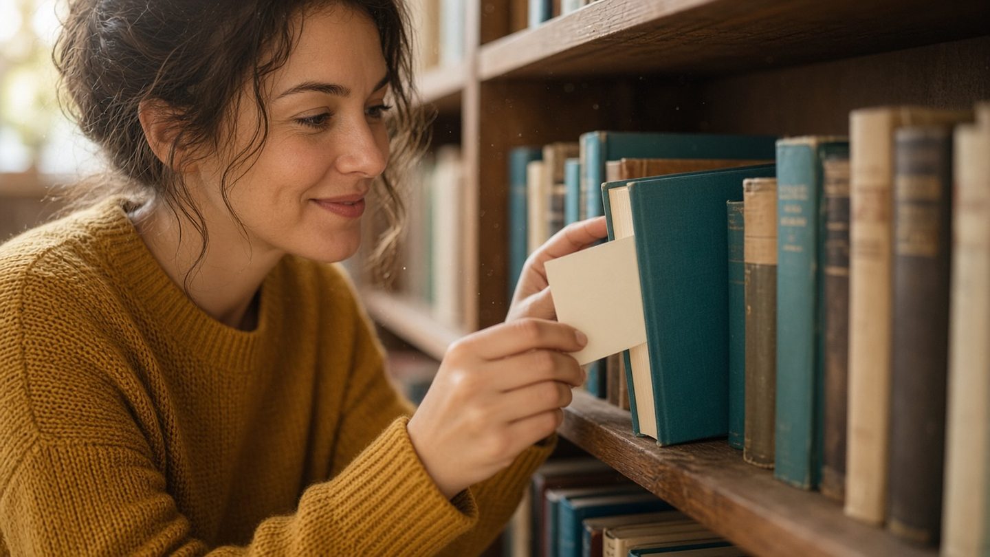 A smiling woman tucks a small folded note between the pages of a book on a sunlit library shelf