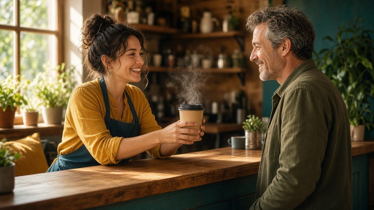 A smiling barista hands a coffee to a delighted man in a sunny neighborhood coffee shop