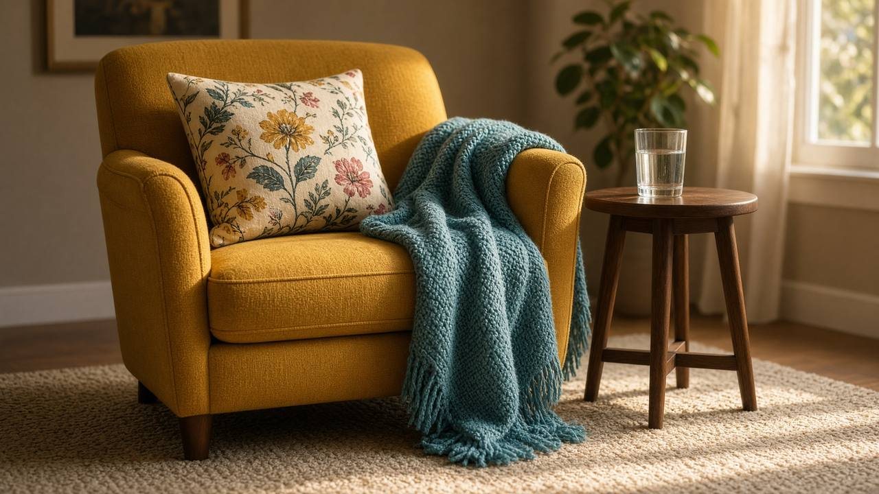 Mustard yellow armchair styled as a worry chair with a teal knit throw, floral pillow, and a glass of water on a side table
