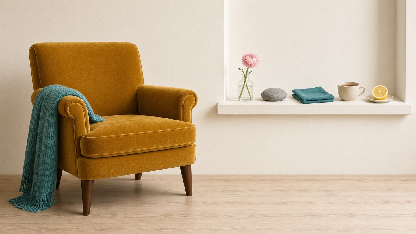 Mustard armchair beside a windowsill with a flower, stone, folded cloth, cup of tea, and lemon