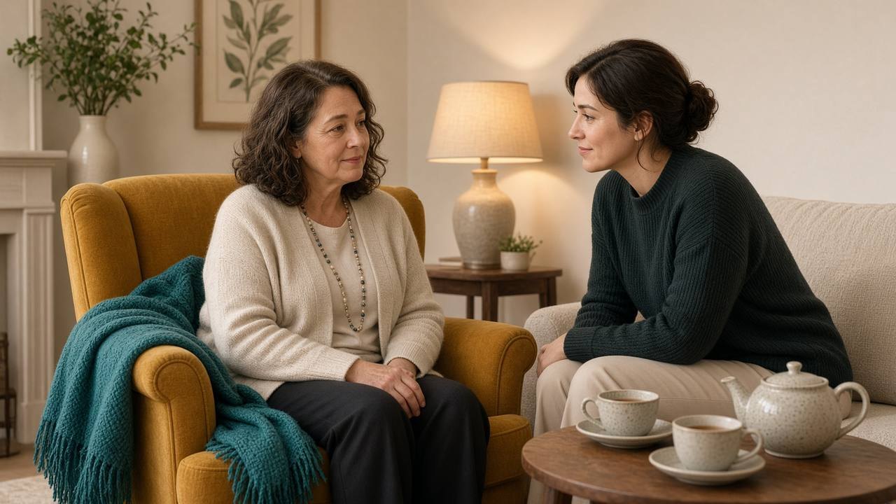 Two people talking gently in a cream living room with tea, one seated in a mustard armchair with a teal throw