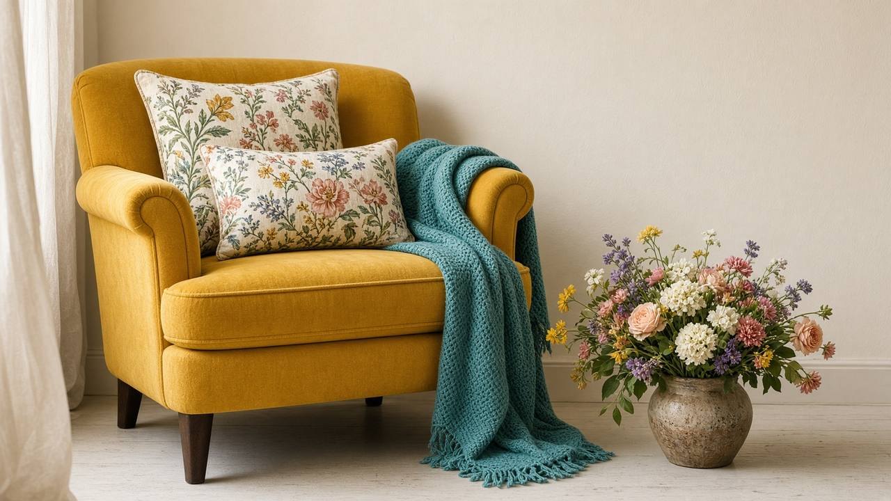 Mustard armchair with floral pillows and a garden bouquet on the floor, teal throw, cream walls