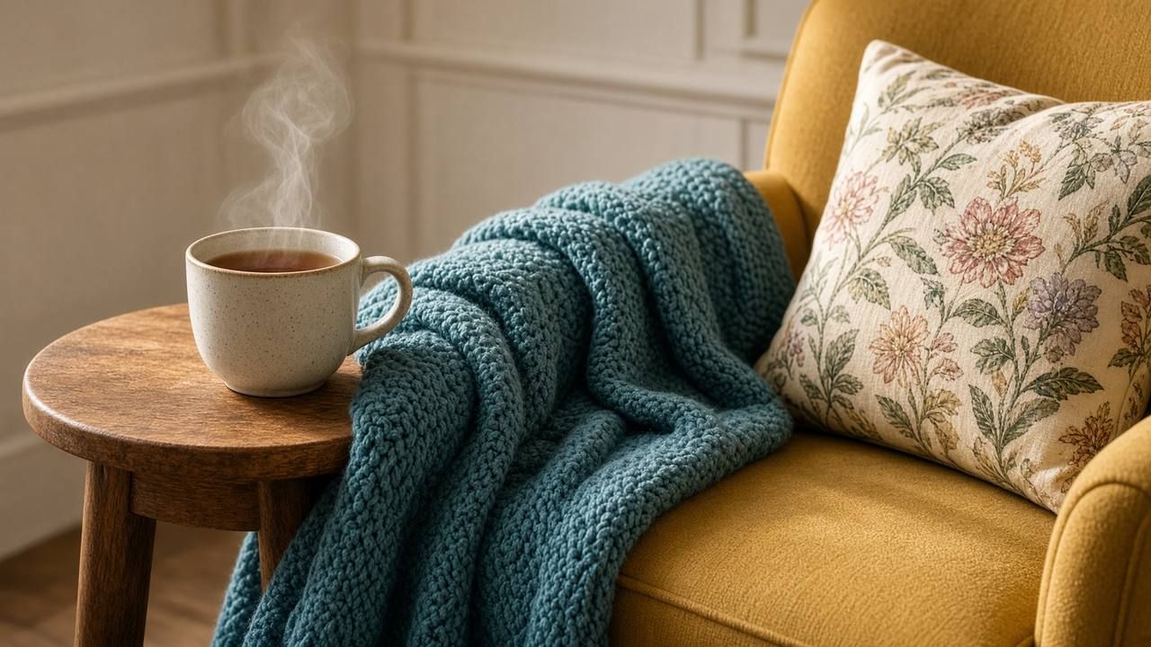 Steaming mug of tea on a wooden table beside a teal throw and floral pillow on a mustard armchair