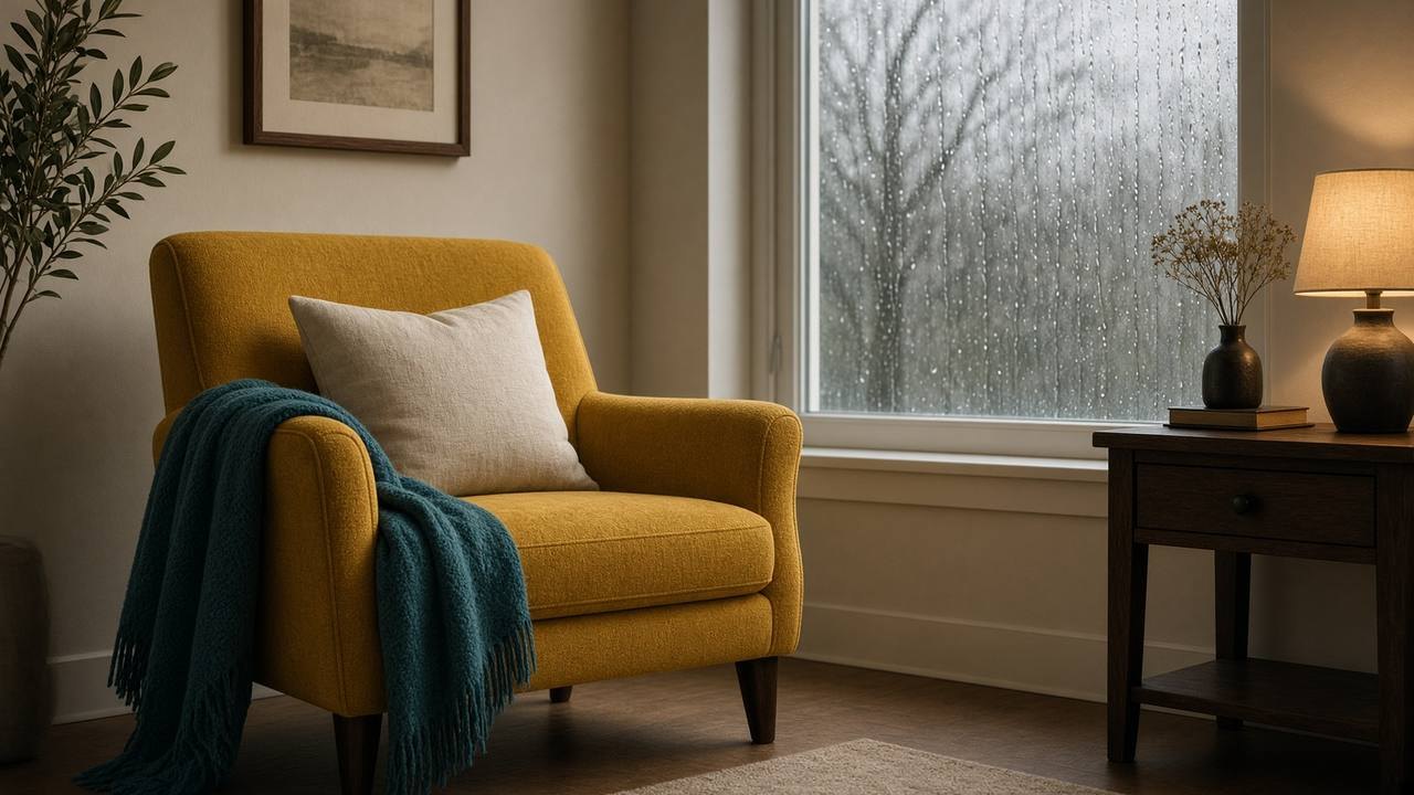 Mustard armchair with a teal throw in warm indoor light, rain on the window behind it