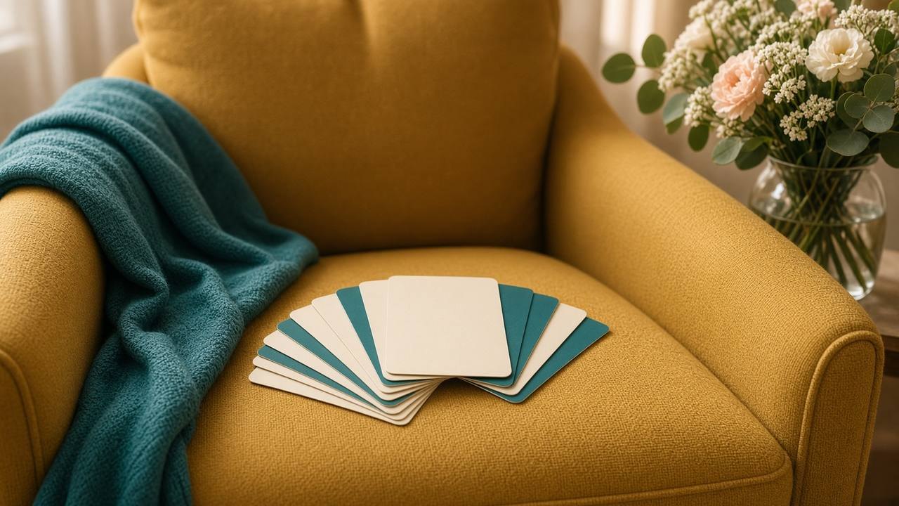 Cream and teal cards fanned across the seat of a mustard armchair with a teal throw and flowers nearby