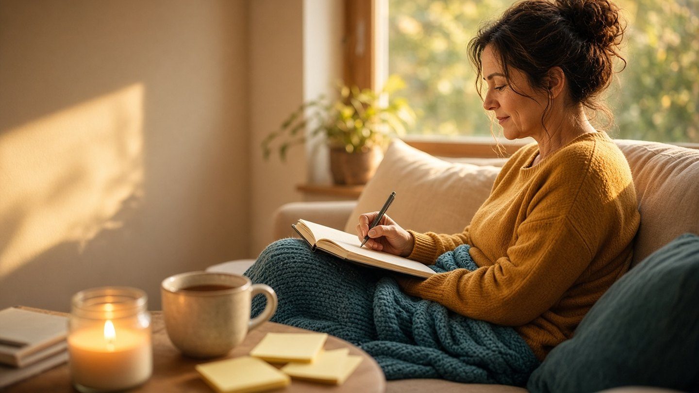 A woman in a mustard sweater writing in a journal on a cozy couch in warm window light, with a candle, a mug and sticky notes