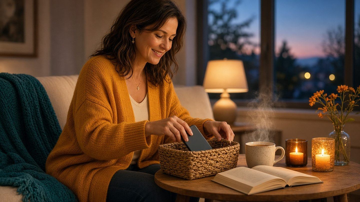 A woman placing her phone into a woven basket at dusk beside a lamp, candles, tea and an open book