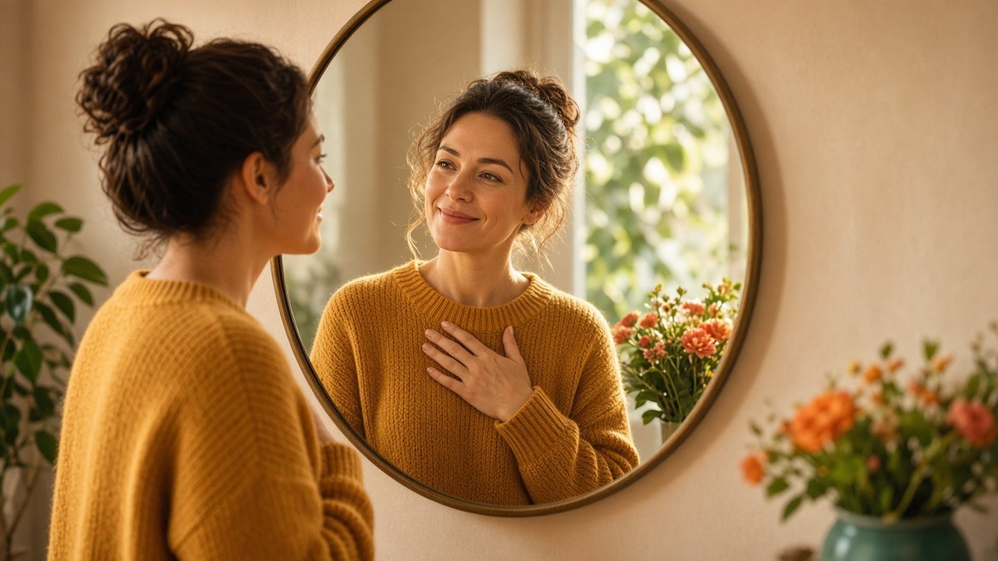 A woman in a mustard sweater smiling at her reflection in a round mirror with her hand on her heart