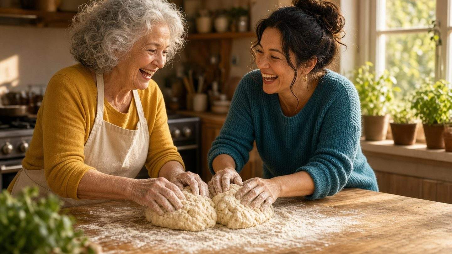 An older woman laughs as she shows a neighbor how to knead bread dough in a sunny kitchen