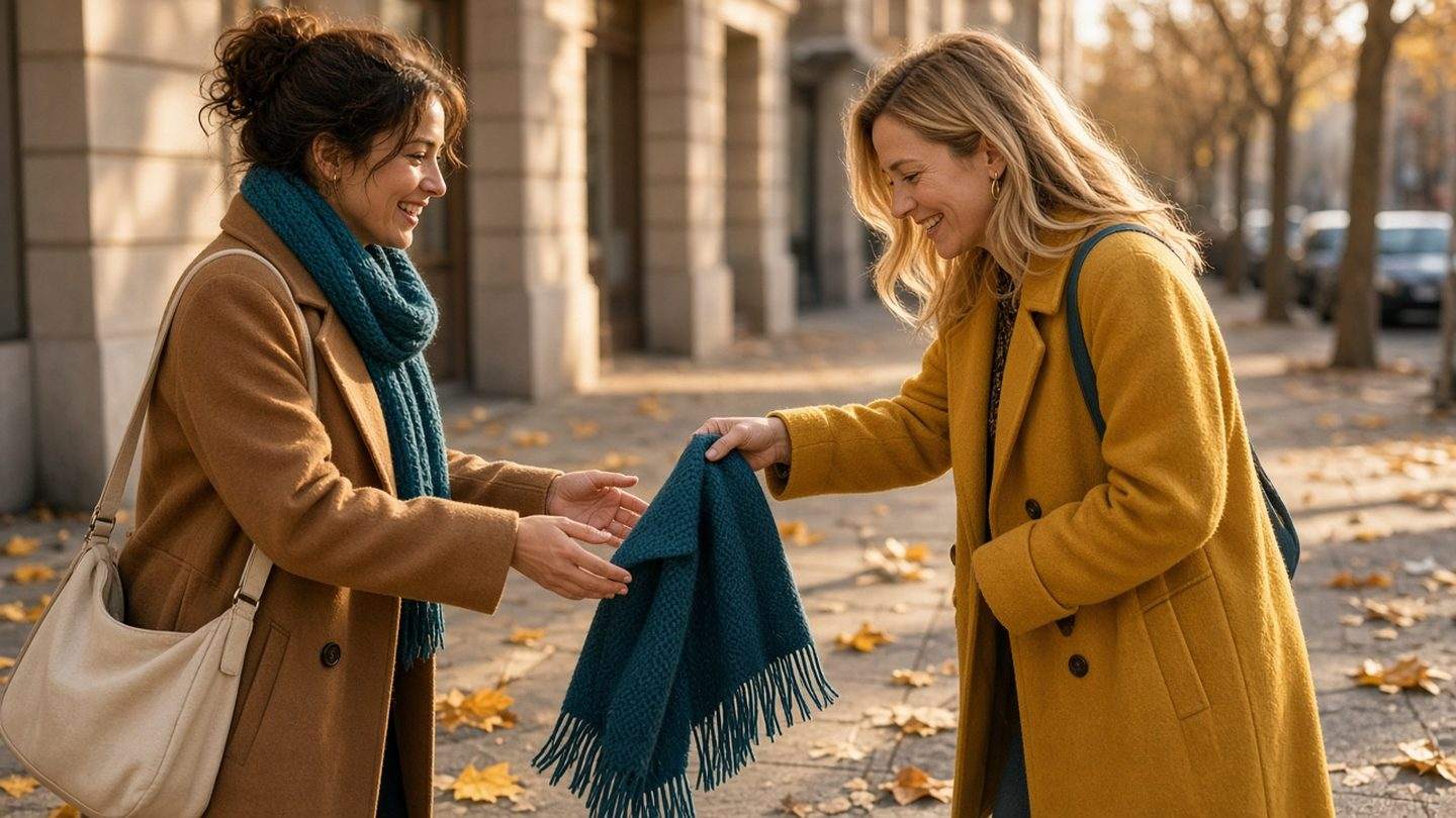 Two women smiling on a sunny autumn sidewalk as one hands the other a dropped scarf