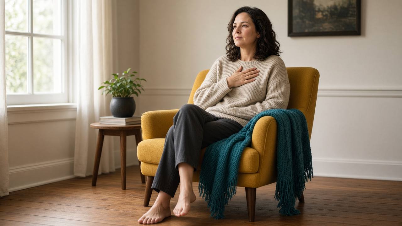 Woman sitting in a mustard armchair with both feet on the floor and one hand on her chest, teal throw nearby, first 90 seconds of worry