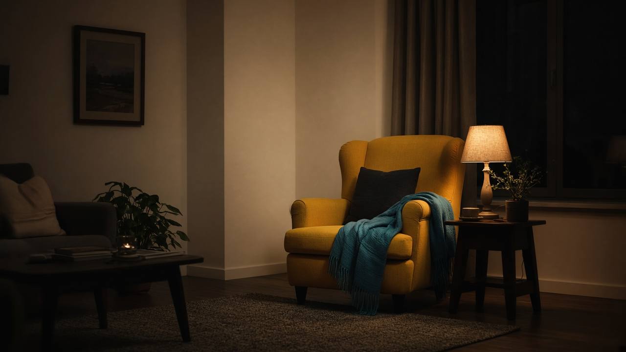 Mustard armchair and teal throw beside a warm lamp at night with a dark window in a quiet living room