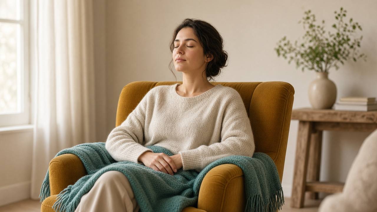 Person sitting in a mustard armchair with eyes softly closed practicing box breathing, teal throw, daylight cream room