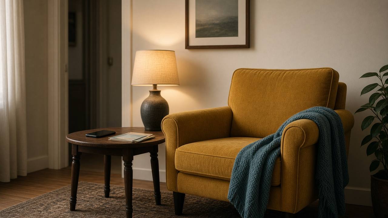Empty mustard armchair with a teal throw, phone face down and unopened mail on a side table in soft lamp light