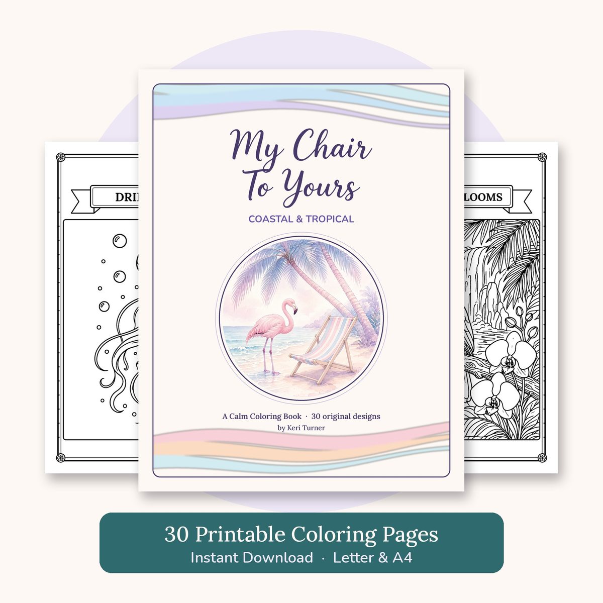 Coastal & Tropical coloring book cover with sea turtles, palms and gentle waves, ready to print and color in your own quiet corner