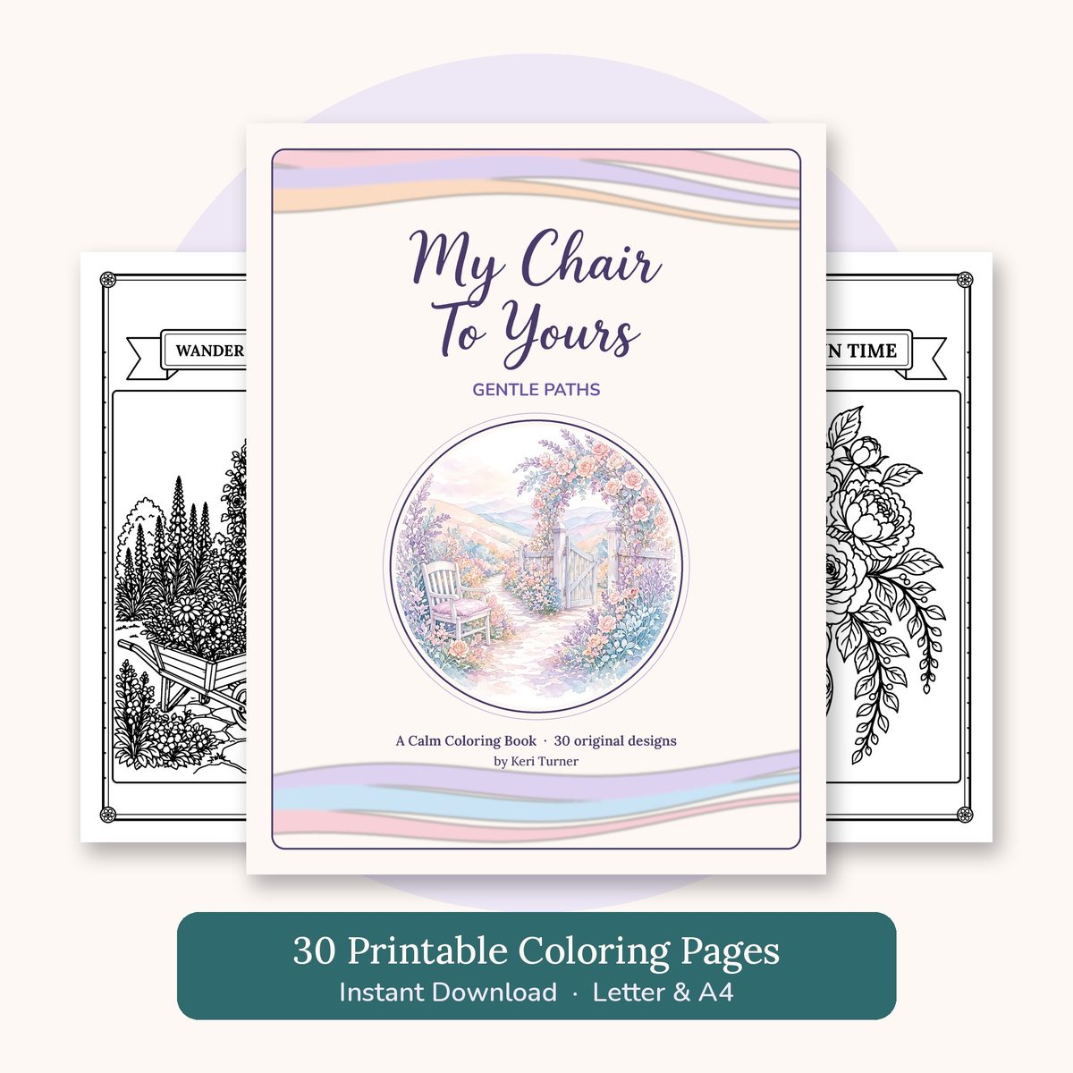 Gentle Paths coloring book cover with a cozy garden path, cottage and blooming flowers waiting for your colors