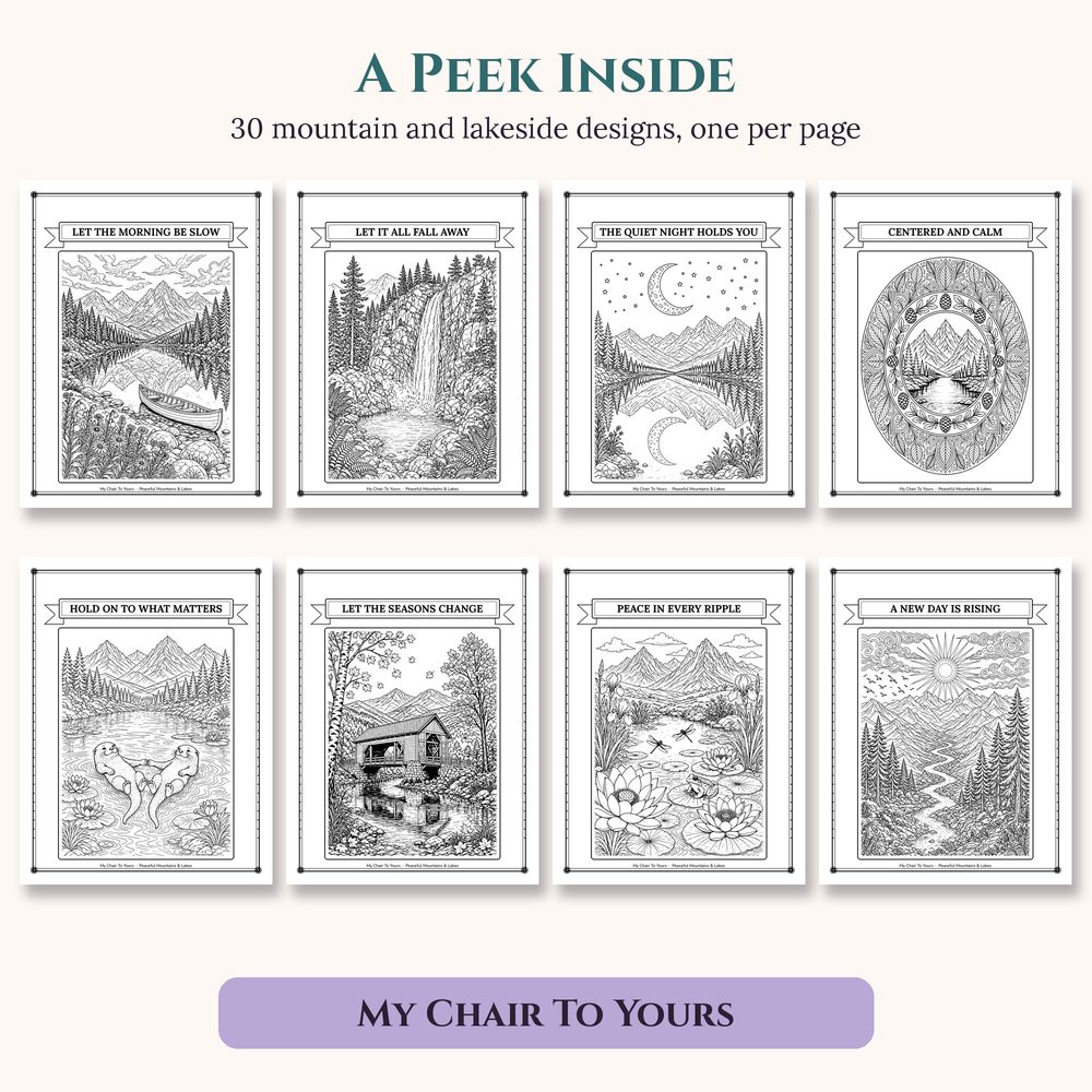 A look inside Peaceful Mountains & Lakes Coloring Book, page preview 1