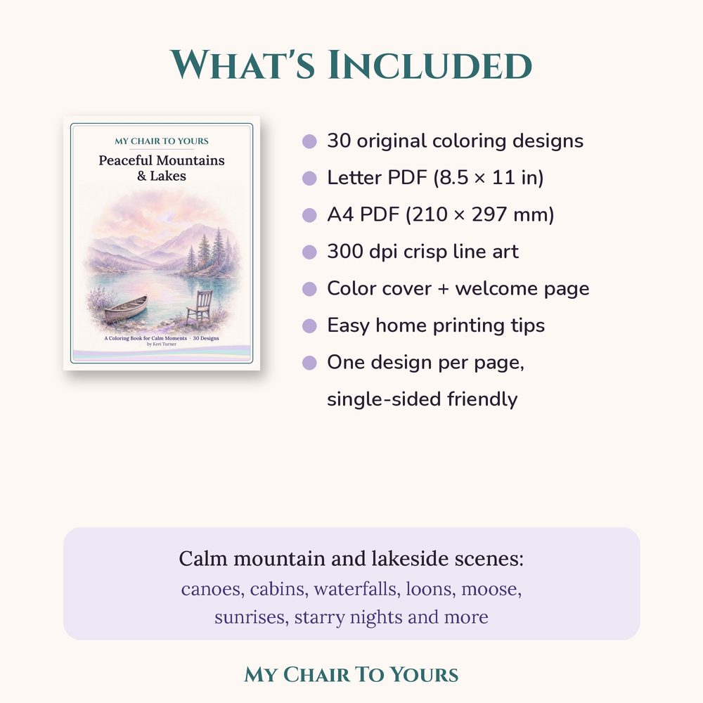 A look inside Peaceful Mountains & Lakes Coloring Book, page preview 3