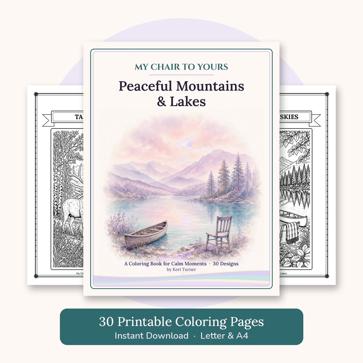 Peaceful Mountains & Lakes coloring book cover with still water and soft ridgelines, a calm place to rest your mind