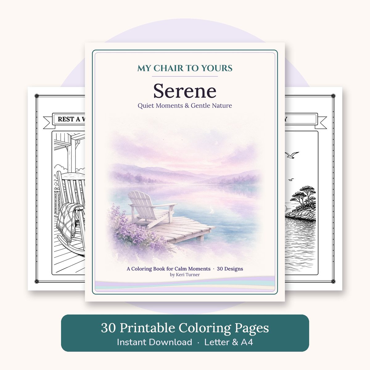 Serene coloring book cover with a white chair on a quiet dock at a lilac dawn, an invitation to slow down and color