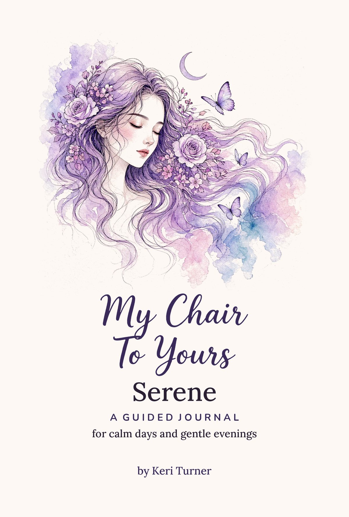 Serene journal cover in soft pale line art with a peaceful figure and flowing hair, a quiet space for your own words